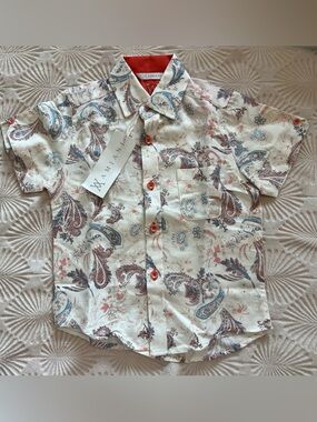 Amiani boy’s S-4 linen blend Cream Paisley Short-Sleeve Shirt NWT